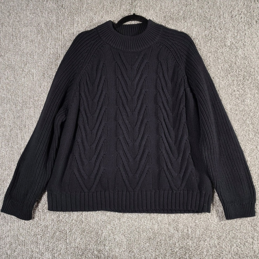 J.Crew Sweater Black Cable Knit Mock Neck Cabincore Women XL Fisherman